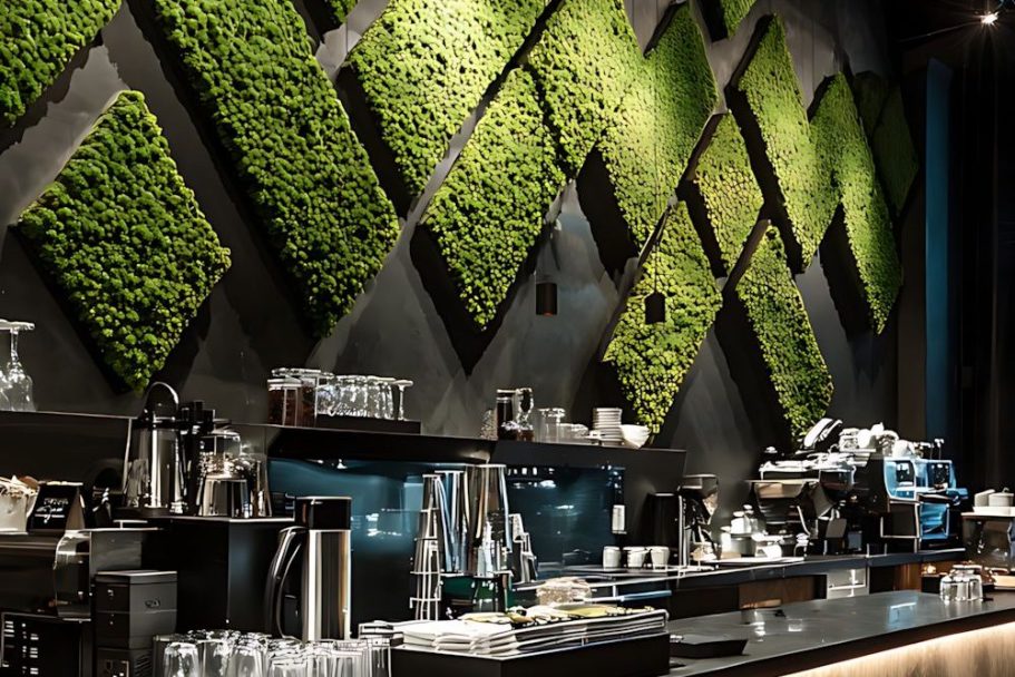Mur végétal verdoyant avec des plantes, dans un espace de restauration moderne.