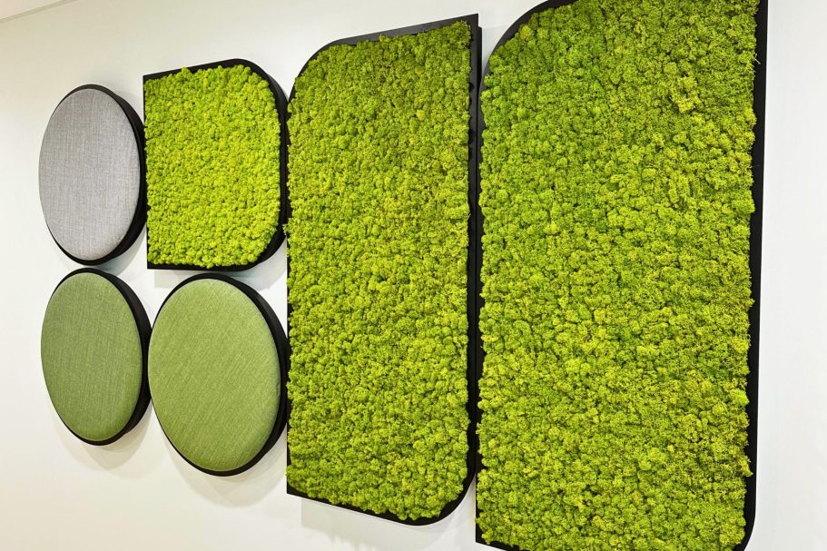 Murs décoratifs avec des panneaux verts et des cercles de différentes tailles.