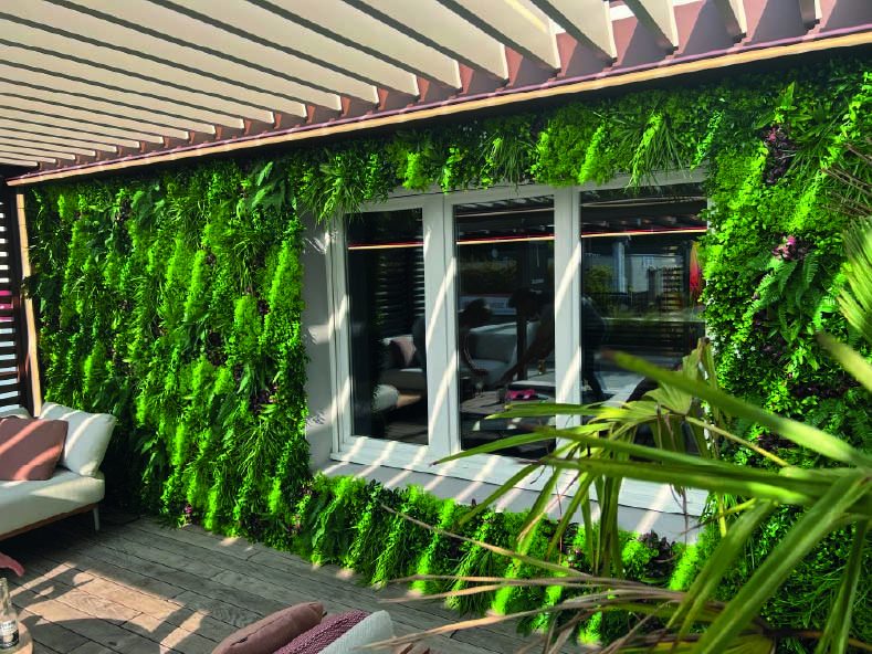 Mur couvert de verdure avec fenêtres et mobilier extérieur.