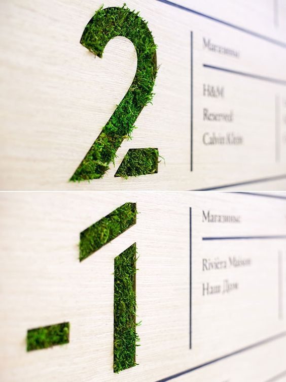 Numéros d'étage gravés dans un matériau végétal, affichant -2 et -1.