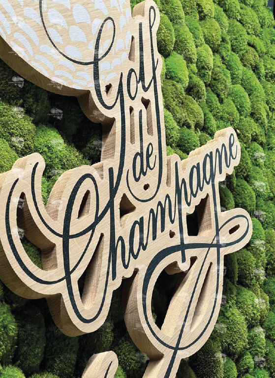 Inscription "Golf de Champagne" en bois sur fond de mousse verte.