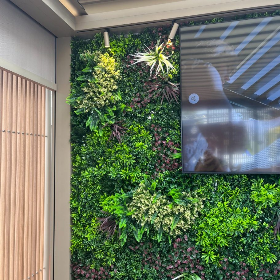 Mur végétal décoratif avec diverses plantes et un écran installé.