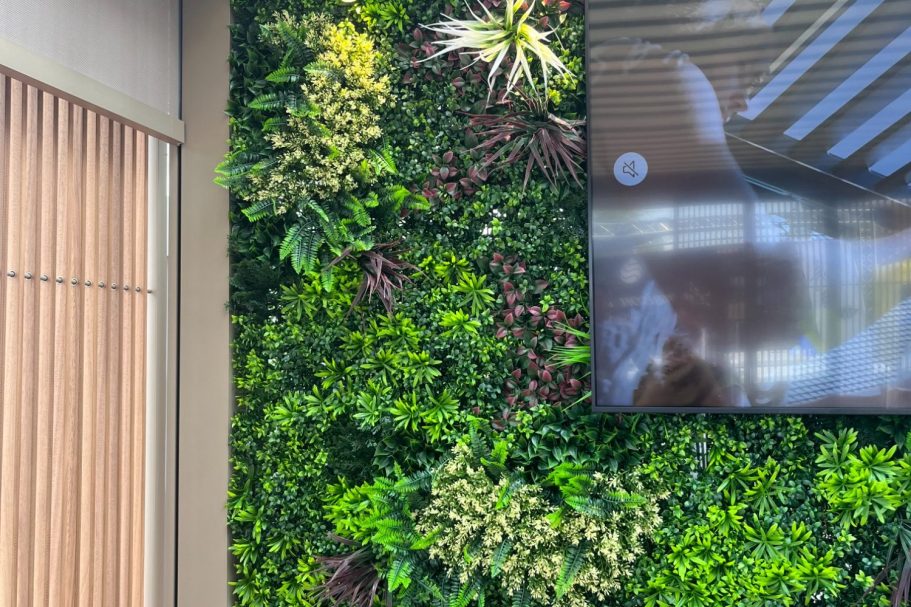 Mur végétal avec diverses plantes et un écran à droite.