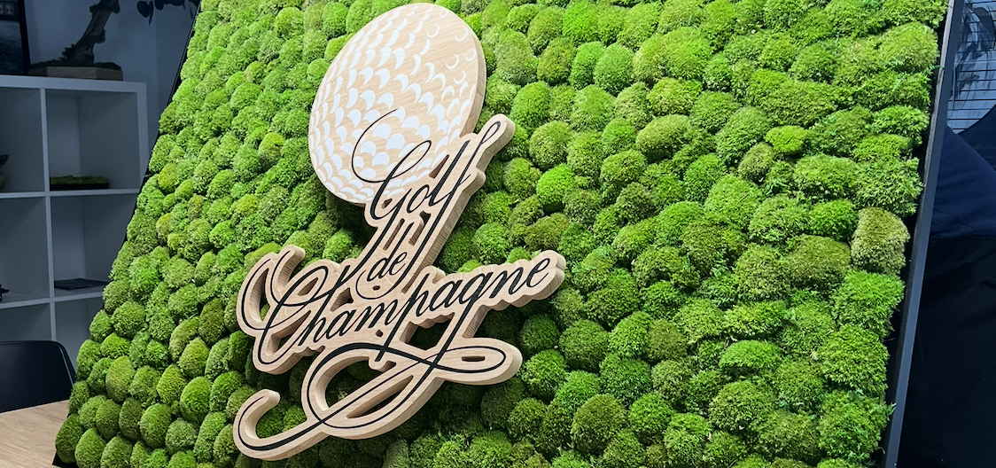 Éléments de décoration intérieure avec un logo végétal circulaire.