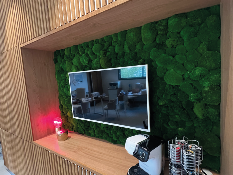 Panneau en bois avec une section de mousse verte et un design à lattes.