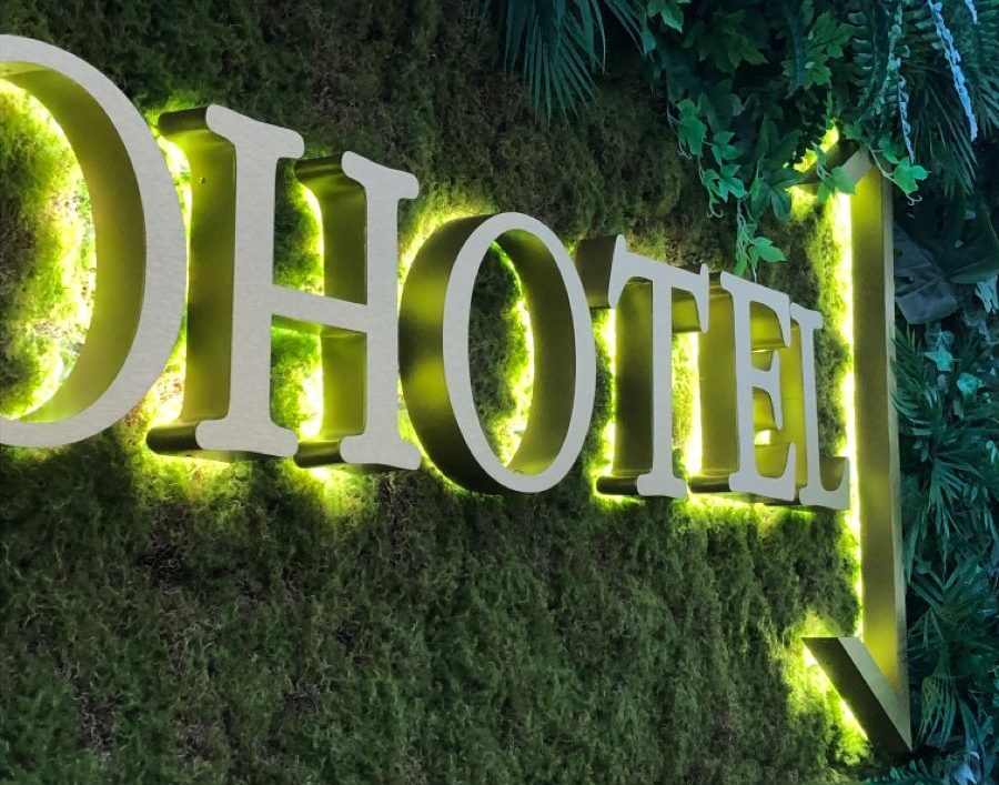 Le mot "Hôtel" en lettres dorées, illuminé sur un fond de mousse verte.