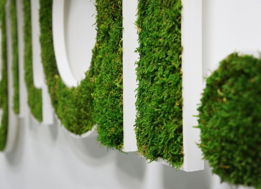 Lettrage en relief recouvert de mousse verte sur fond blanc.