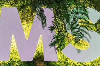 Lettres "M" et "S" sur un fond de verdure avec des feuilles.