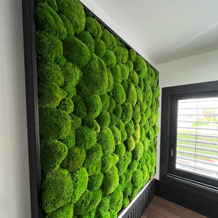 Arcade de verdure avec fleurs, table ronde et brochures sur une moquette verte.