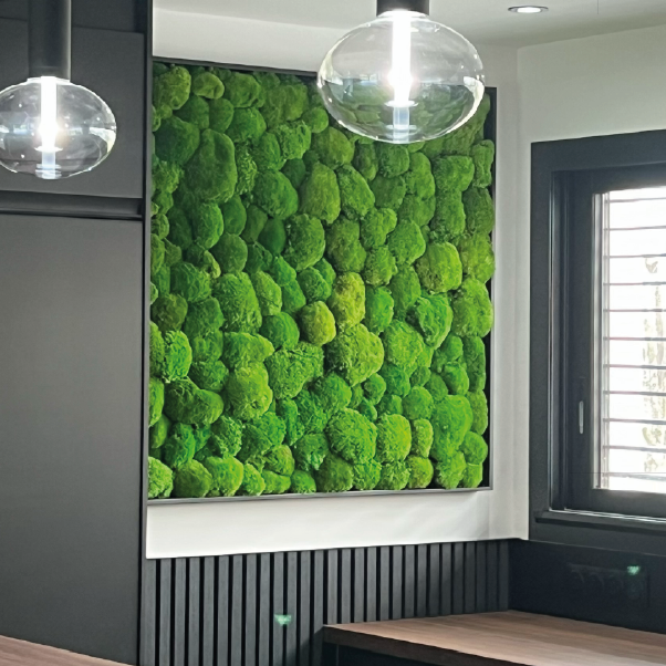 Main d'un homme tenant un livre ouvert devant un mur de plantes vertes et fleurs roses.