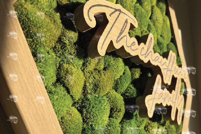 Mousse verte décorative avec un panneau en bois portant l'inscription "Thehealf".